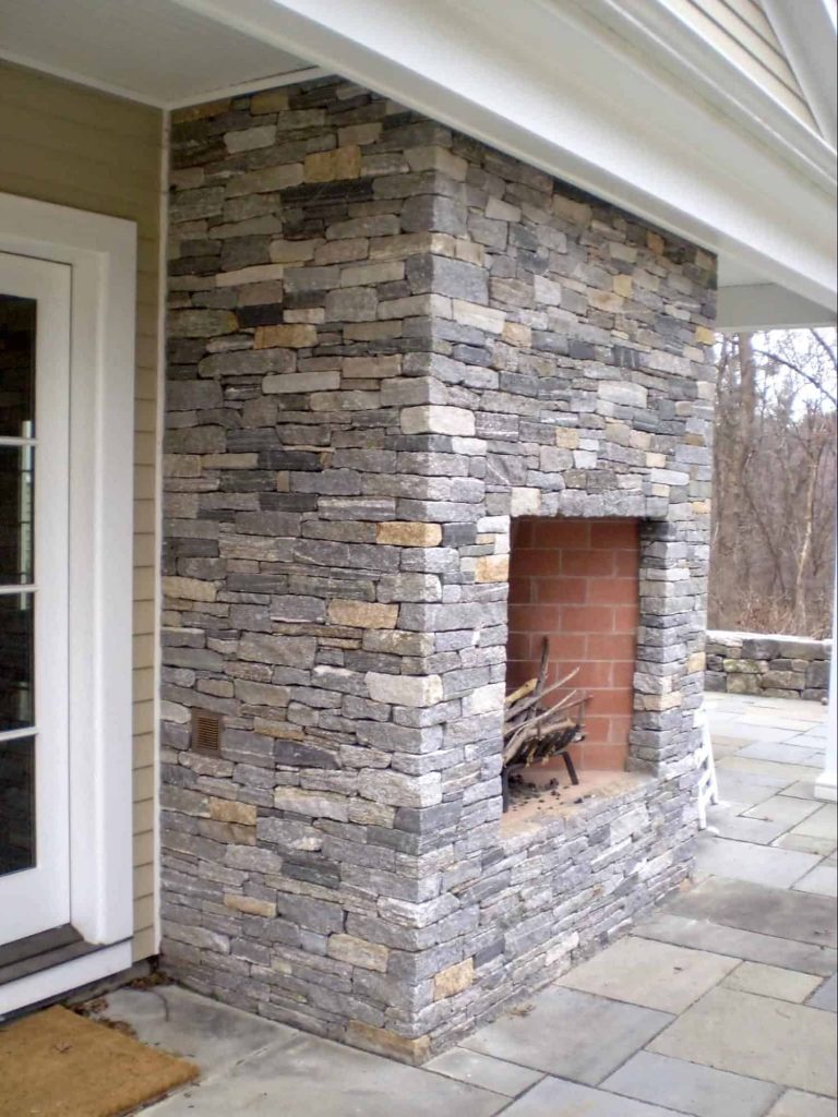 stacked stone fireplace