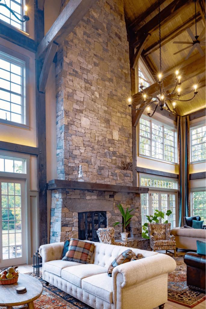 modern stacked stone fireplace