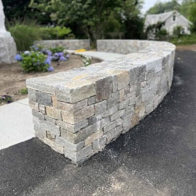 Stone Wall at Holy Redeemer Church by Josh Alves, Tru Arch Builders - Boston Blend Ledgestone and Square and Rec