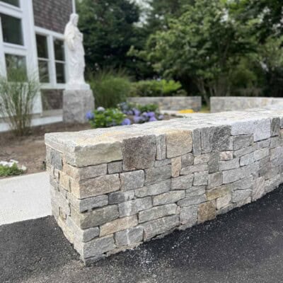 Stone Wall at Holy Redeemer Church by Josh Alves, Tru Arch Builders - Boston Blend Ledgestone and Square and Rec