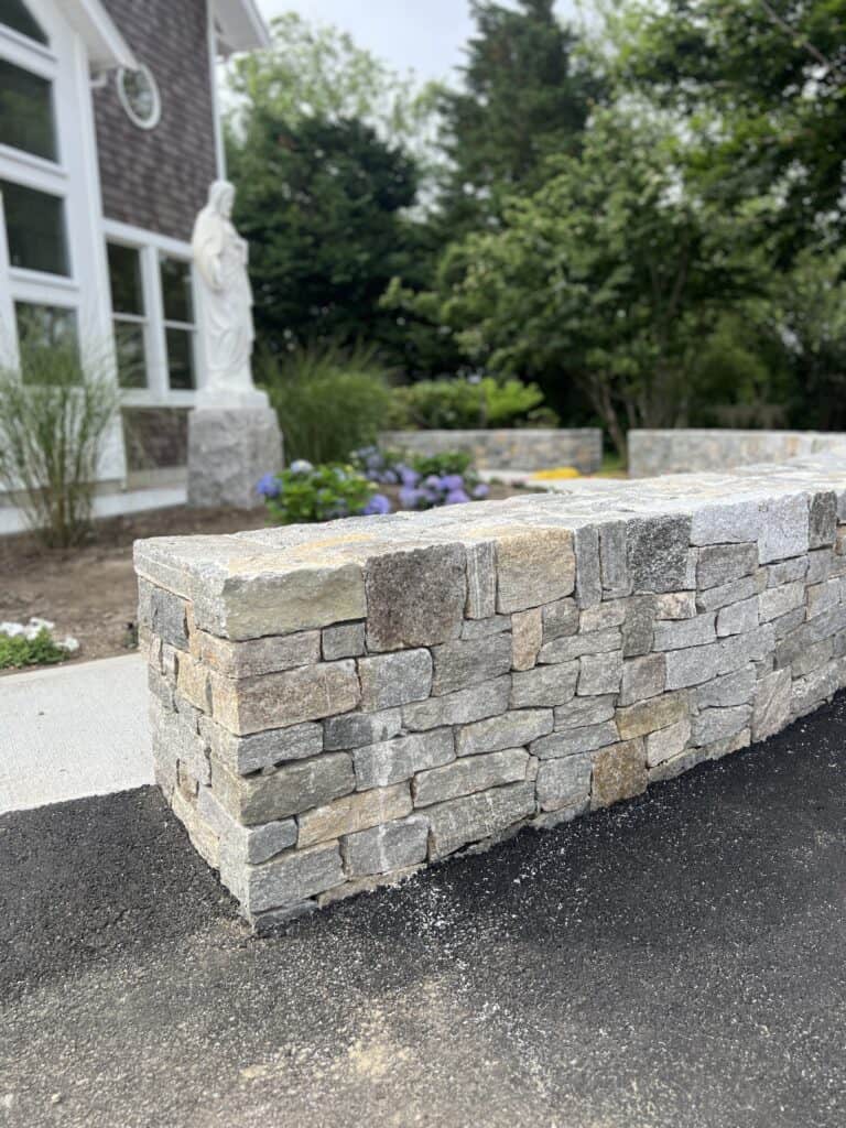 Stone Wall at Holy Redeemer Church by Josh Alves, Tru Arch Builders - Boston Blend Ledgestone and Square and Rec