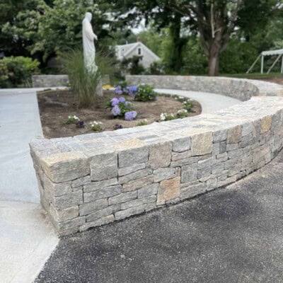 Stone Wall at Holy Redeemer Church by Josh Alves, Tru Arch Builders - Boston Blend Ledgestone and Square and Rec