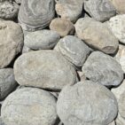 Detailed close-up of Stoneyard's Rockport Round thin stone veneer — rounded New England fieldstone in muted grays and warm tans, ideal for accent walls, fireplaces, and chimney veneer.
