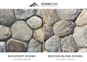 Side-by-side comparison of Stoneyard's Rockport Round (Homestead Collection) and Boston Blend Round (Boston Blend Collection) thin stone veneers — two rounded New England fieldstone styles shown together to help homeowners and contractors compare color palettes when selecting a round veneer.