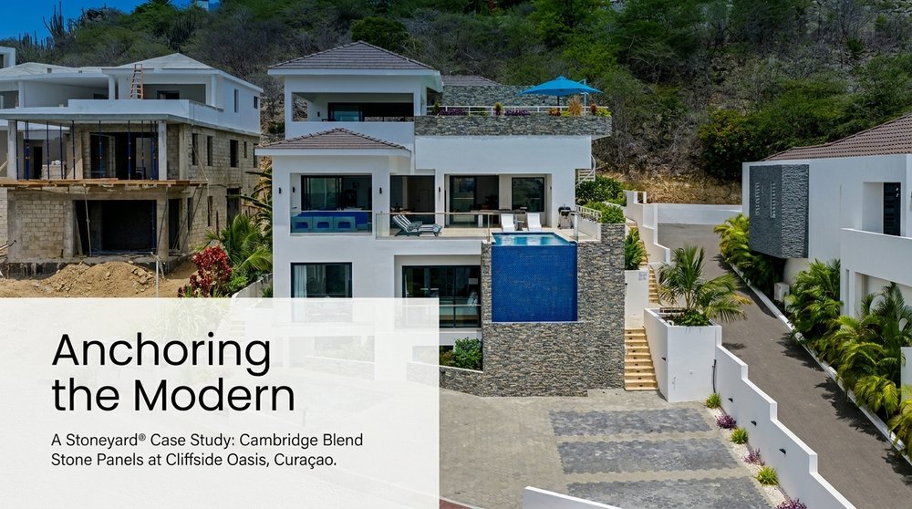 Cover of the Stoneyard case study Anchoring the Modern: an aerial view of the Cliffside Oasis vacation rental in Curaçao with Cambridge Blend Stone Panels on the pool wall and stair tower.