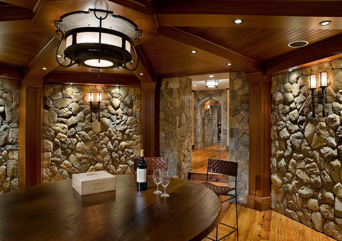 Natural thin stone veneer using Boston Blend Mosaic in wine cellar