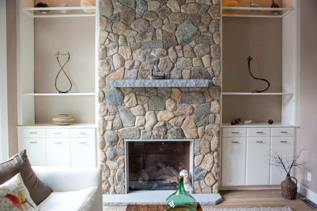 Stoneyard Boston Blend Round (50%) & Mosaic (50%) Mix  stone veneer fireplace